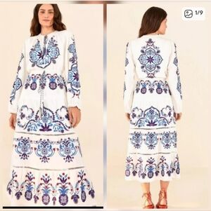 Farm Rio Embroided Linen Beaded Maxidress